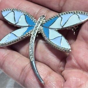 BROOCH Blue Color Block Enamel Silver Tone Dragonfly Rhinestone Accents 5423 B